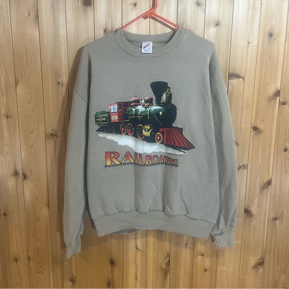 Vintage 90s Jerzees Railroad Train Crewneck Sweatshirt lightweight pullover L